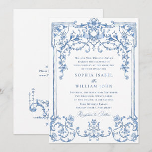 Victorian Ornate Grace Blommigt Dusty Blue Bröllop Inbjudningar
