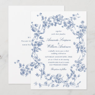Victorian Ornate Grace Blommigt Dusty Blue Bröllop Inbjudningar