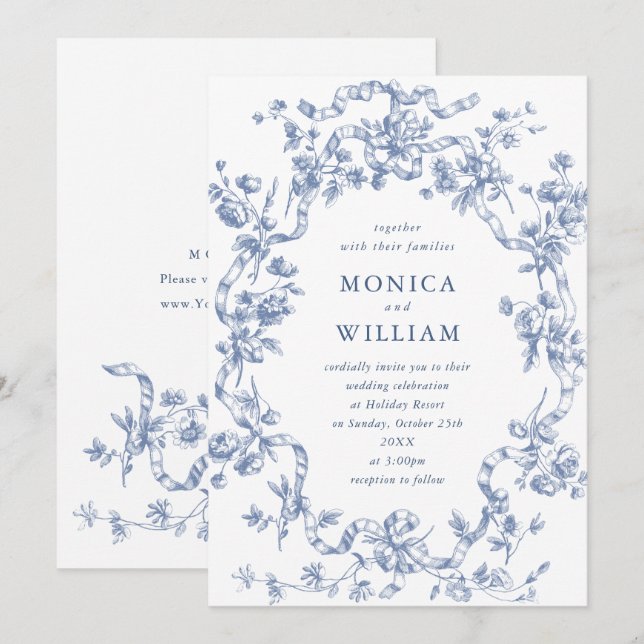 Victorian Ornate Grace Blommigt Dusty Blue Bröllop Inbjudningar (Fram/baksida)