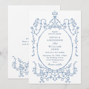 Victorian Ornate Grace Blommigt Dusty Blue Bröllop Inbjudningar