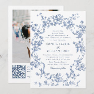 Victorian Ornate Grace Blommigt Dusty Blue Bröllop Inbjudningar