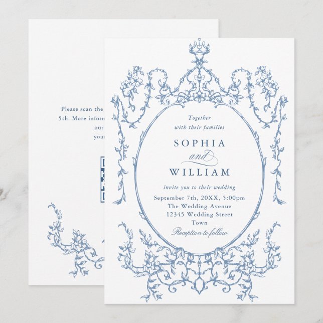 Victorian Ornate Grace Blommigt Dusty Blue Bröllop Inbjudningar (Fram/baksida)