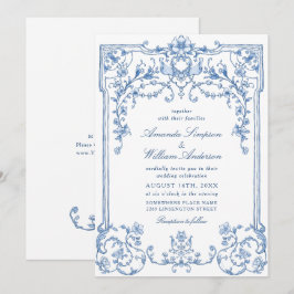 Victorian Ornate Grace Blommigt Dusty Blue Bröllop Inbjudningar