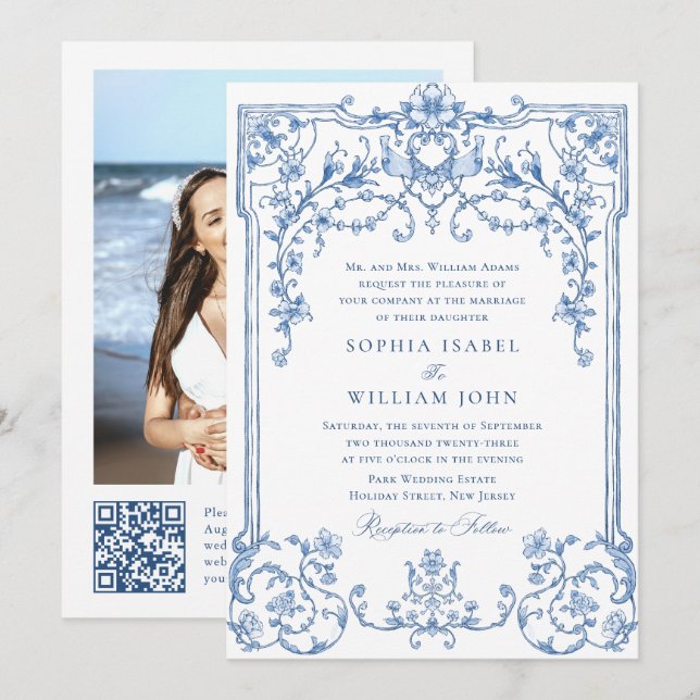 Victorian Ornate Grace Blommigt Dusty Blue Bröllop Inbjudningar (Fram/baksida)