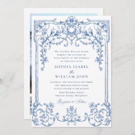 Victorian Ornate Grace Blommigt Dusty Blue Bröllop Inbjudningar