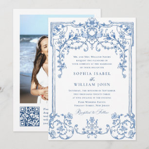 Victorian Ornate Grace Blommigt Dusty Blue Bröllop Inbjudningar