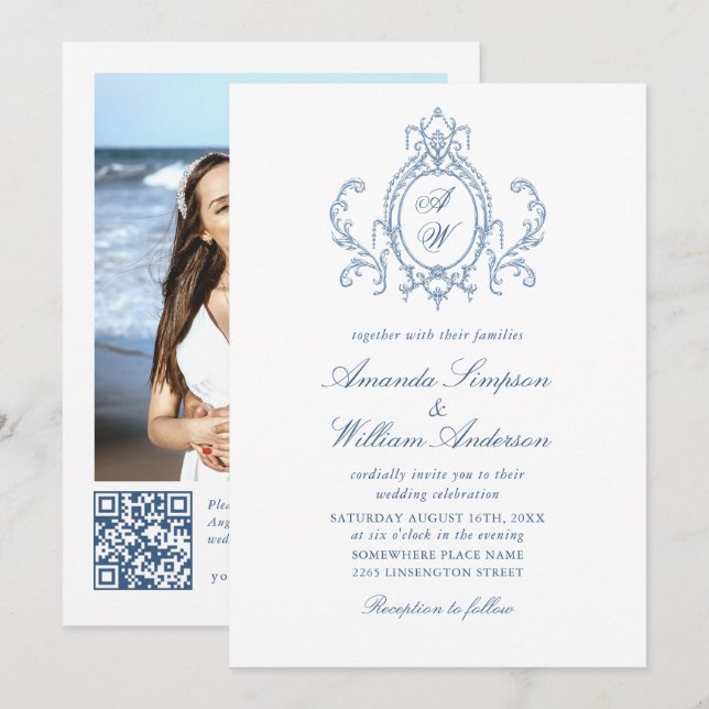 Victorian Ornate Grace Blommigt Dusty Blue Bröllop Inbjudningar (Fram/baksida)