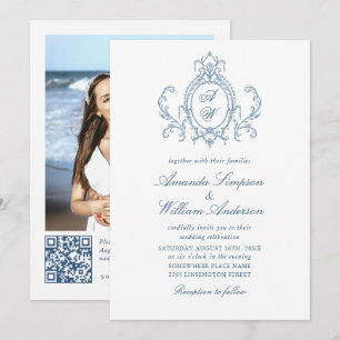 Victorian Ornate Grace Blommigt Dusty Blue Bröllop Inbjudningar