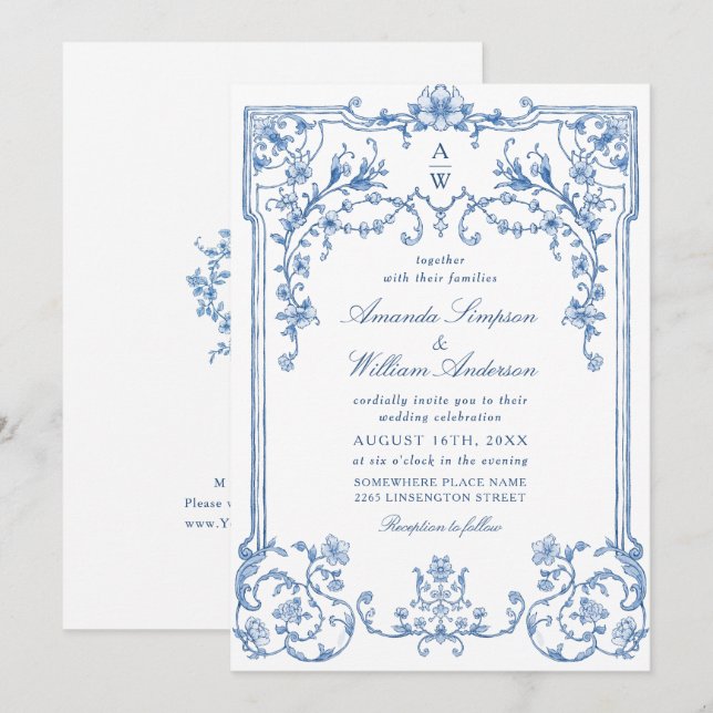 Victorian Ornate Grace Blommigt Dusty Blue Bröllop Inbjudningar (Fram/baksida)