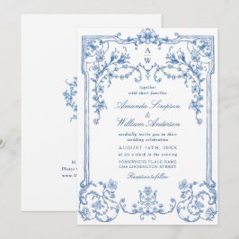 Victorian Ornate Grace Blommigt Dusty Blue Bröllop Inbjudningar