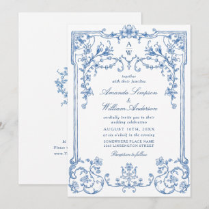 Victorian Ornate Grace Blommigt Dusty Blue Bröllop Inbjudningar