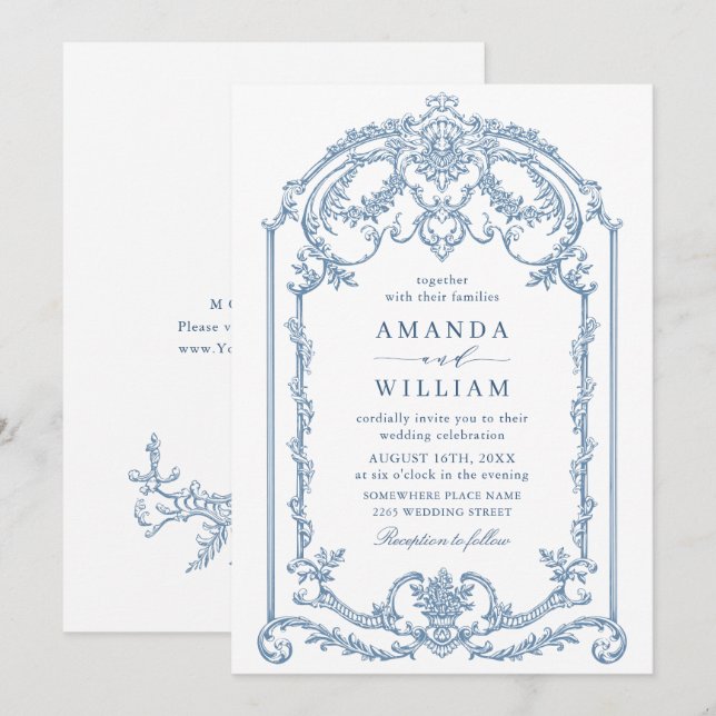 Victorian Ornate Grace Blommigt Dusty Blue Bröllop Inbjudningar (Fram/baksida)