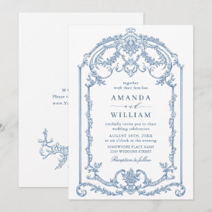 Victorian Ornate Grace Blommigt Dusty Blue Bröllop Inbjudningar