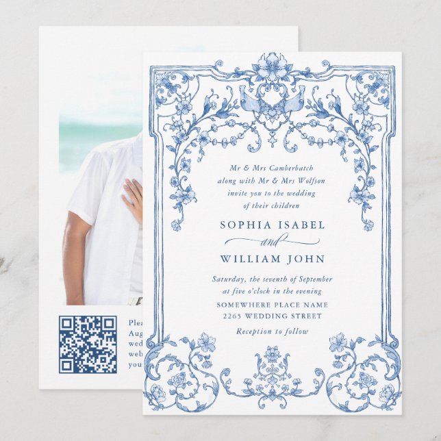 Victorian Ornate Grace Blommigt Dusty Blue Bröllop Inbjudningar (Fram/baksida)