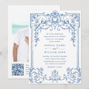 Victorian Ornate Grace Blommigt Dusty Blue Bröllop Inbjudningar