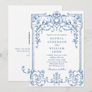 Victorian Ornate Grace Blommigt Dusty Blue Bröllop Inbjudningar