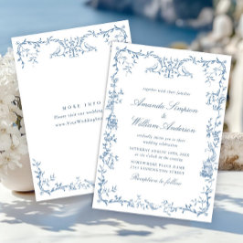 Victorian Ornate Grace Blommigt Dusty Blue Bröllop Inbjudningar