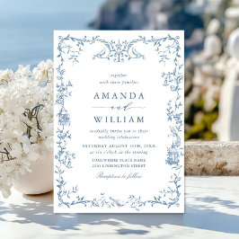 Victorian Ornate Grace Blommigt Dusty Blue Bröllop Inbjudningar