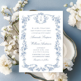 Victorian Ornate Grace Blommigt Dusty Blue Bröllop Inbjudningar