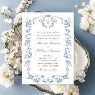 Victorian Ornate Grace Blommigt Dusty Blue Bröllop Inbjudningar