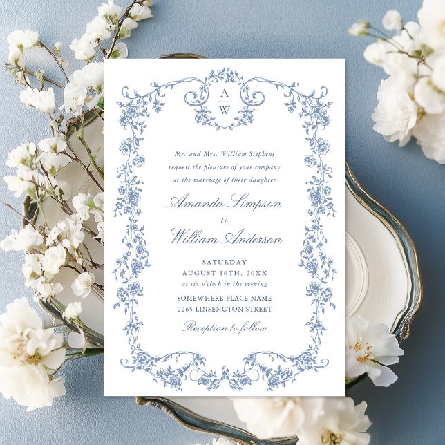 Victorian Ornate Grace Blommigt Dusty Blue Bröllop Inbjudningar (Skapare uppladdad)