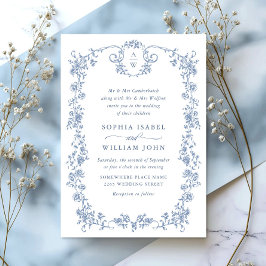 Victorian Ornate Grace Blommigt Dusty Blue Bröllop Inbjudningar