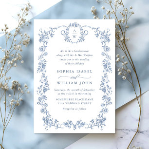 Victorian Ornate Grace Blommigt Dusty Blue Bröllop Inbjudningar