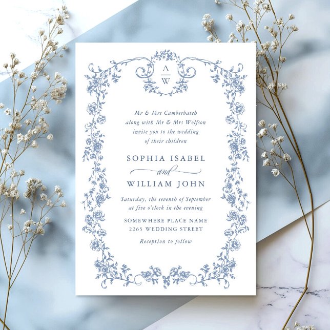 Victorian Ornate Grace Blommigt Dusty Blue Bröllop Inbjudningar (Skapare uppladdad)