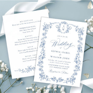 Victorian Ornate Grace Blommigt Dusty Blue Bröllop Inbjudningar