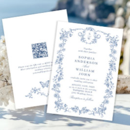 Victorian Ornate Grace Blommigt Dusty Blue Bröllop Inbjudningar