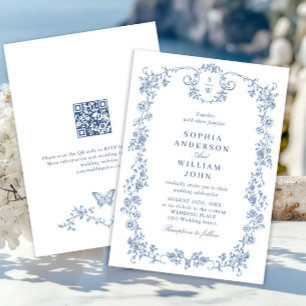 Victorian Ornate Grace Blommigt Dusty Blue Bröllop Inbjudningar