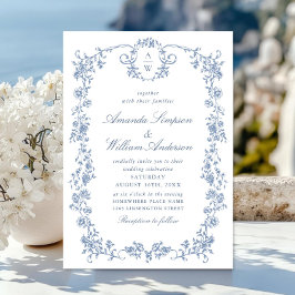 Victorian Ornate Grace Blommigt Dusty Blue Bröllop Inbjudningar