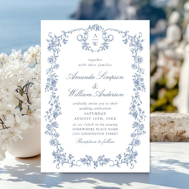 Victorian Ornate Grace Blommigt Dusty Blue Bröllop Inbjudningar (Skapare uppladdad)