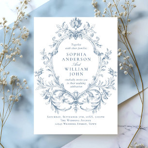 Victorian Ornate Grace Blommigt Dusty Blue Bröllop Inbjudningar