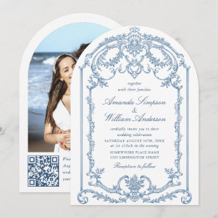 Victorian Ornate Grace Blommigt Dusty Blue Bröllop Inbjudningar
