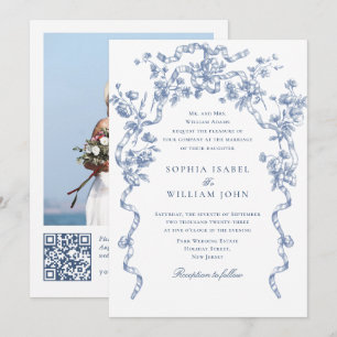 Victorian Ornate Grace Blommigt Dusty Blue Bröllop Inbjudningar