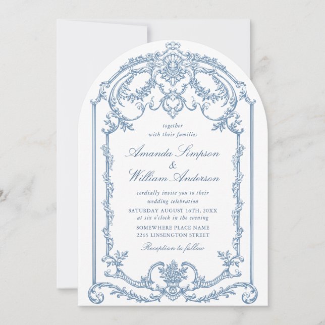 Victorian Ornate Grace Blommigt Dusty Blue Bröllop Inbjudningar (Framsida)