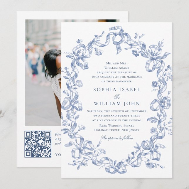 Victorian Ornate Grace Blommigt Dusty Blue Bröllop Inbjudningar (Fram/baksida)