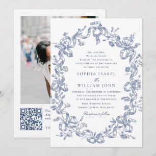 Victorian Ornate Grace Blommigt Dusty Blue Bröllop Inbjudningar