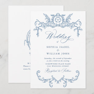 Victorian Ornate Grace Blommigt Dusty Blue Bröllop Inbjudningar