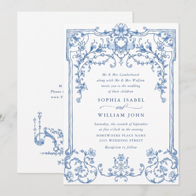 Victorian Ornate Grace Blommigt Dusty Blue Bröllop Inbjudningar (Fram/baksida)