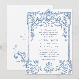 Victorian Ornate Grace Blommigt Dusty Blue Bröllop Inbjudningar