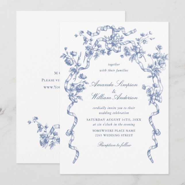 Victorian Ornate Grace Blommigt Dusty Blue Bröllop Inbjudningar (Fram/baksida)