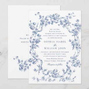 Victorian Ornate Grace Blommigt Dusty Blue Bröllop Inbjudningar