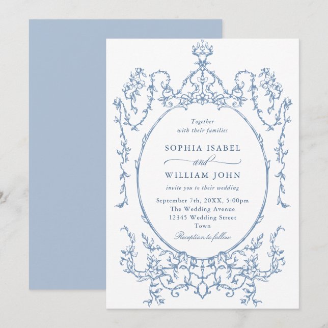 Victorian Ornate Grace Blommigt Dusty Blue Bröllop Inbjudningar (Fram/baksida)