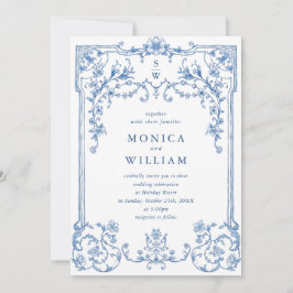 Victorian Ornate Grace Blommigt Dusty Blue Bröllop Inbjudningar