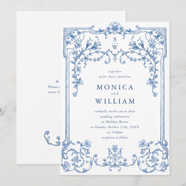 Victorian Ornate Grace Blommigt Dusty Blue Bröllop Inbjudningar (Fram/baksida)