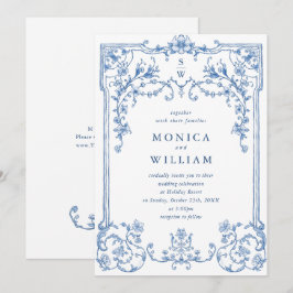 Victorian Ornate Grace Blommigt Dusty Blue Bröllop Inbjudningar