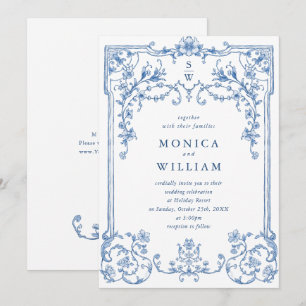 Victorian Ornate Grace Blommigt Dusty Blue Bröllop Inbjudningar