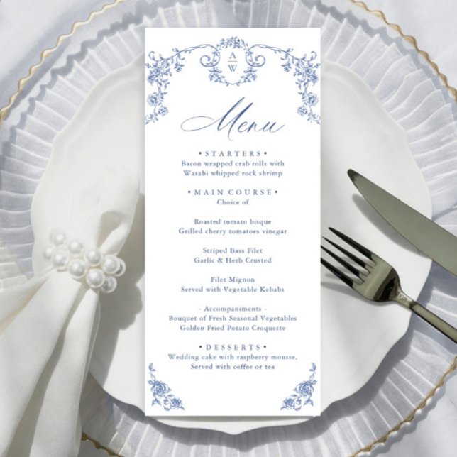 Victorian Ornate Grace Blommigt Dusty Blue Bröllop Meny (Skapare uppladdad)